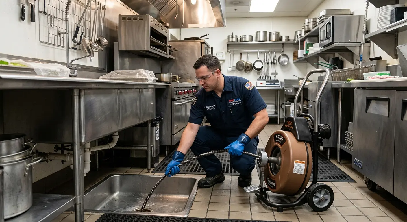 Commercial drain cleaning service in a restaurant kitchen in Hampton