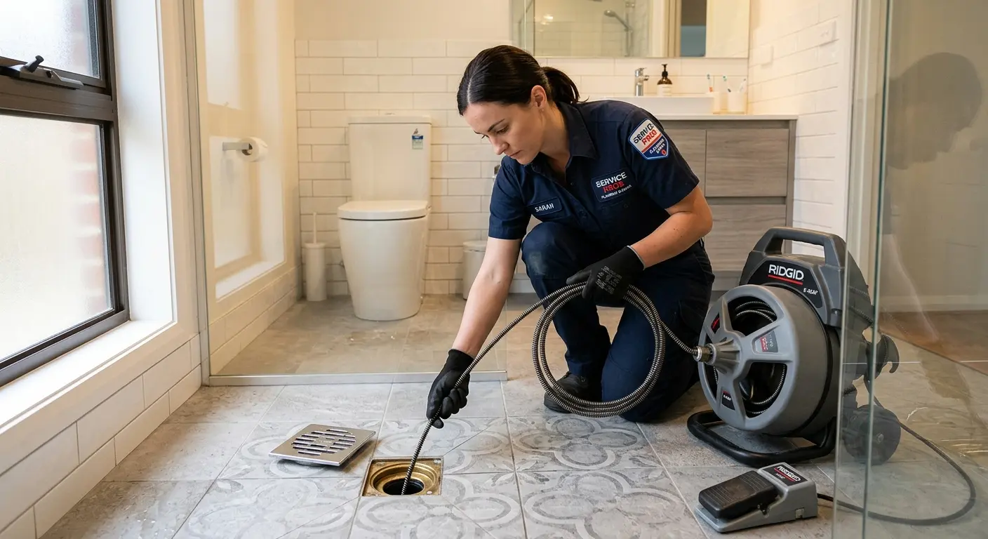Technician clearing a bathroom floor drain for Sewer Line Installation in Hampton